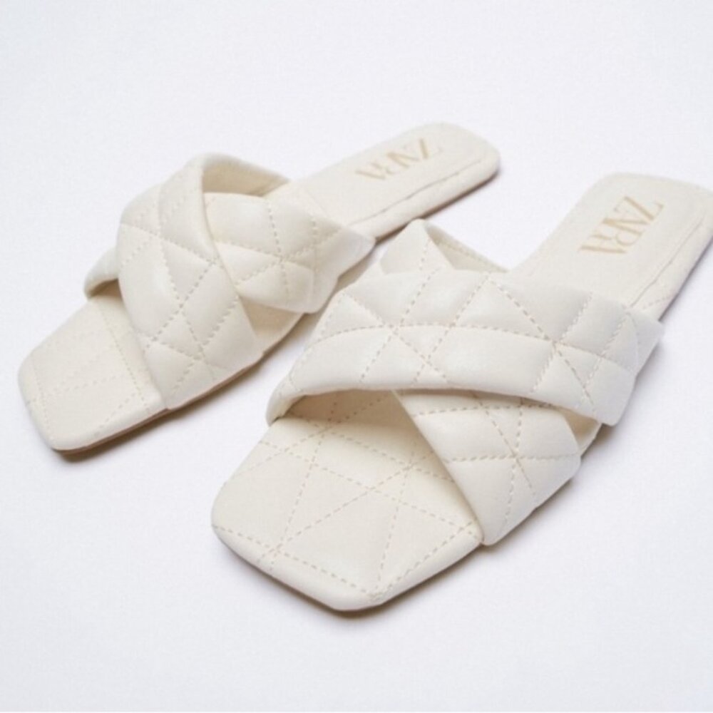 Zara Quilted Padded Flat Slides Sandals White - Size 40
